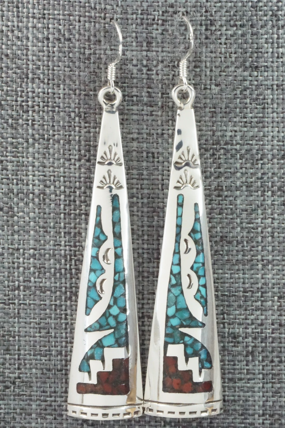 Coral, Turquoise Chip Inlay & Sterling Silver Earrings - Jolene Yazzie