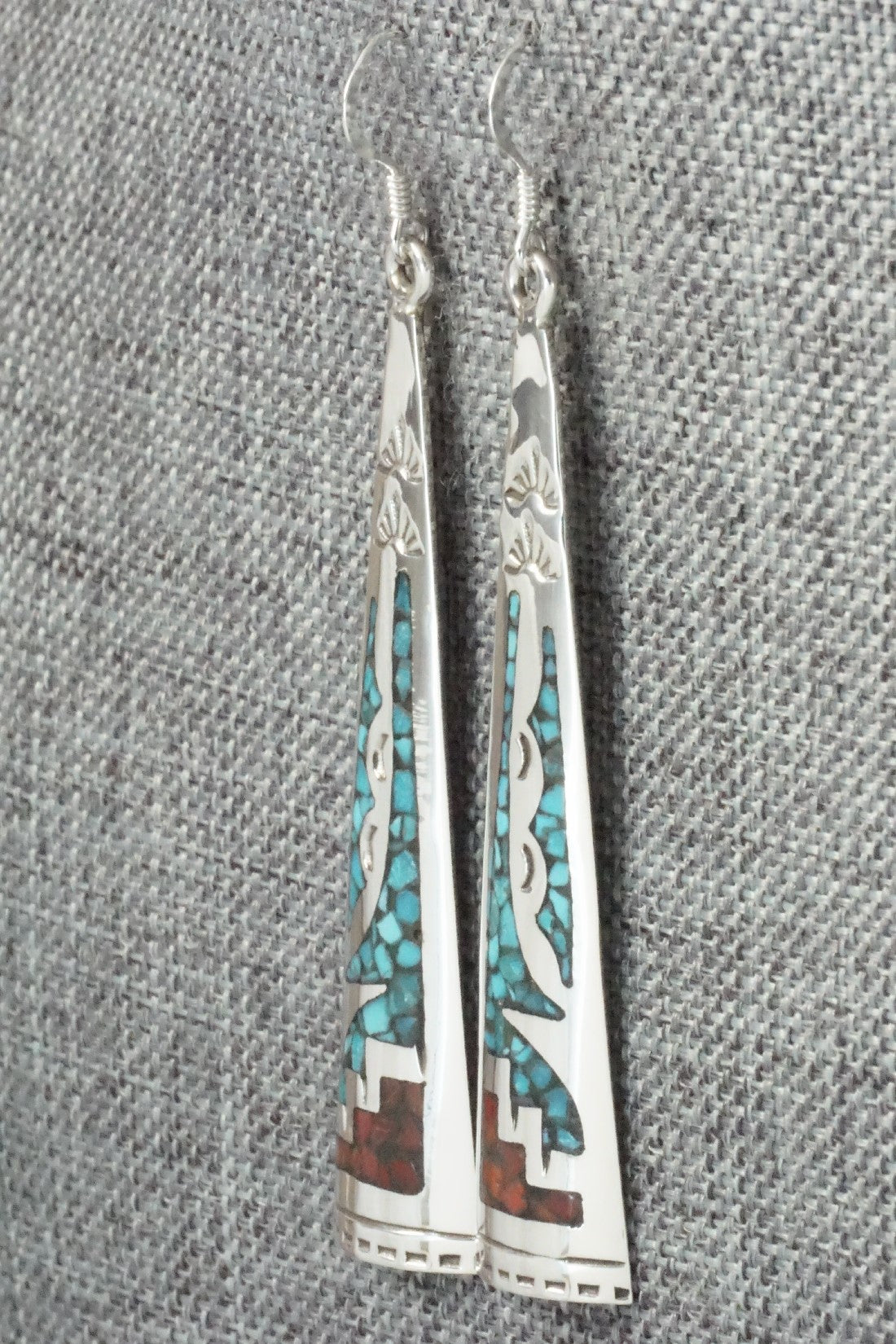 Coral, Turquoise Chip Inlay & Sterling Silver Earrings - Jolene Yazzie