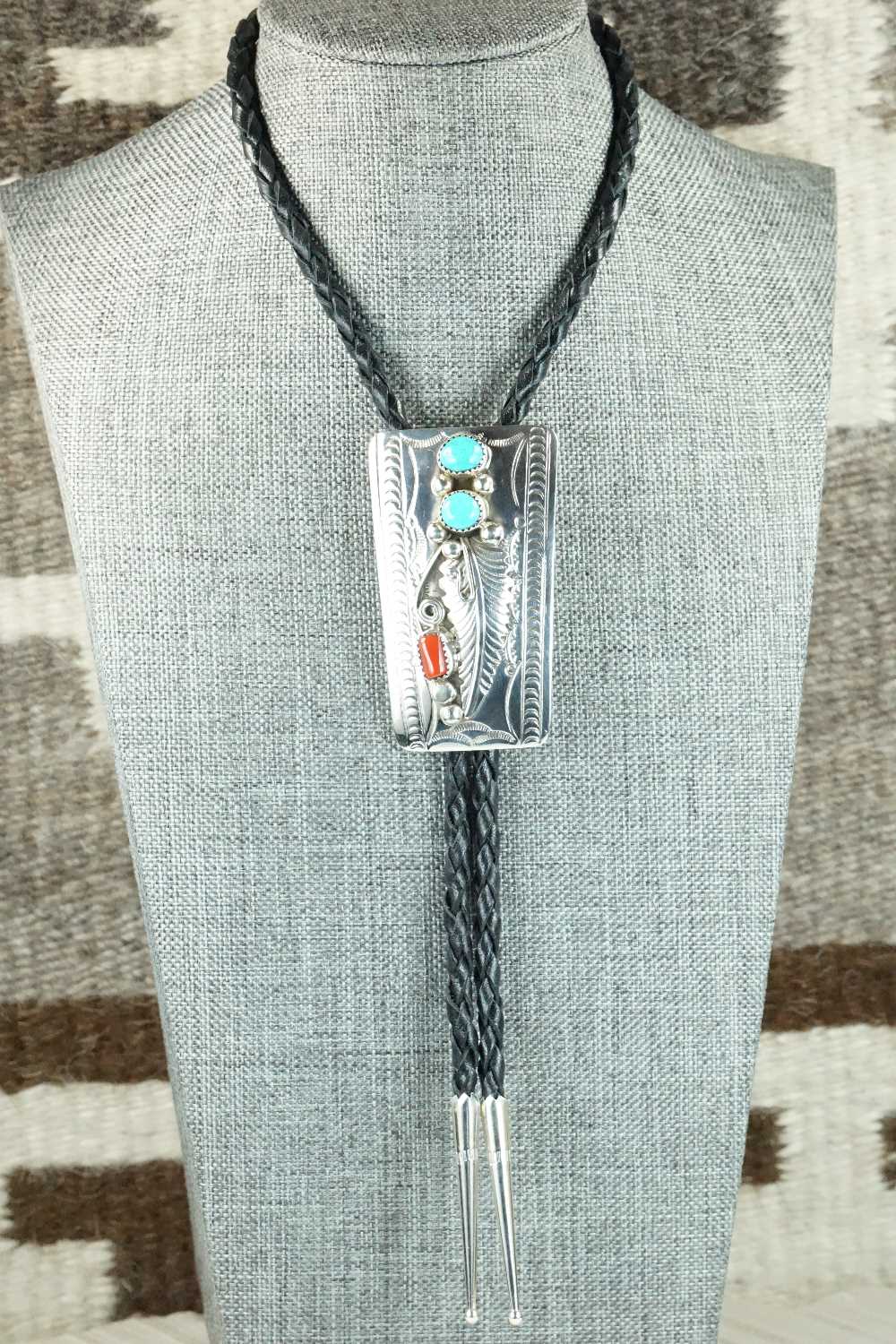 Turquoise, Coral & Sterling Silver Bolo Tie - Wilbur Myers