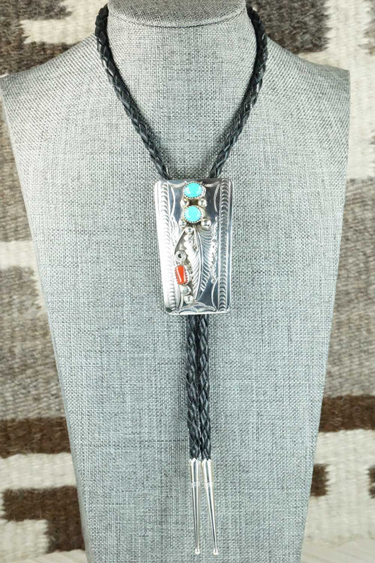 Turquoise, Coral & Sterling Silver Bolo Tie - Wilbur Myers