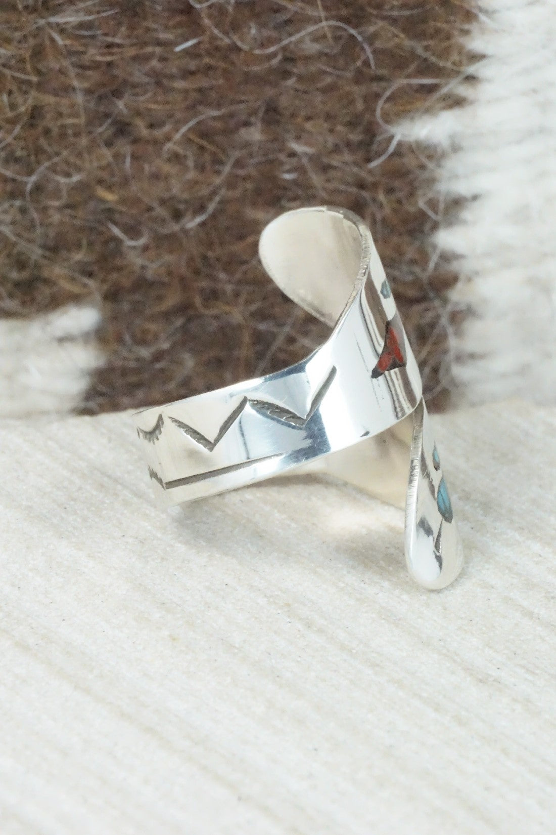 Turquoise, Coral & Sterling Silver Ring - Jolene Jazzie - Size 7