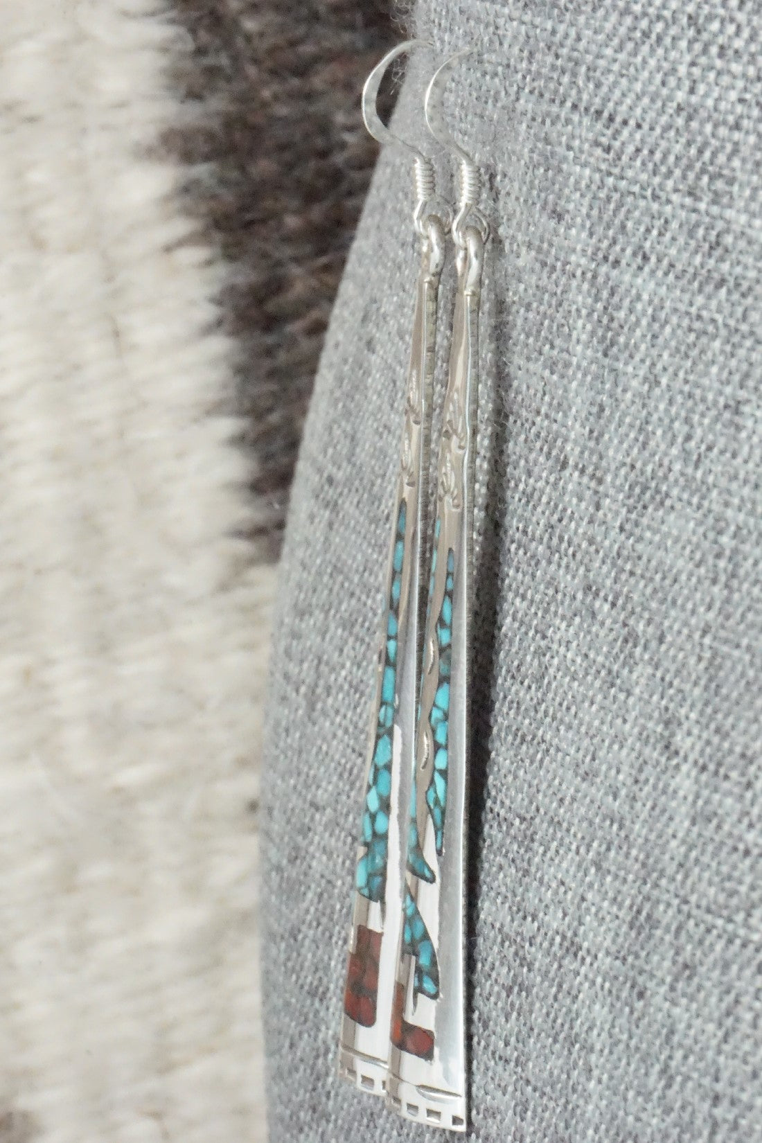 Coral, Turquoise Chip Inlay & Sterling Silver Earrings - Jolene Yazzie