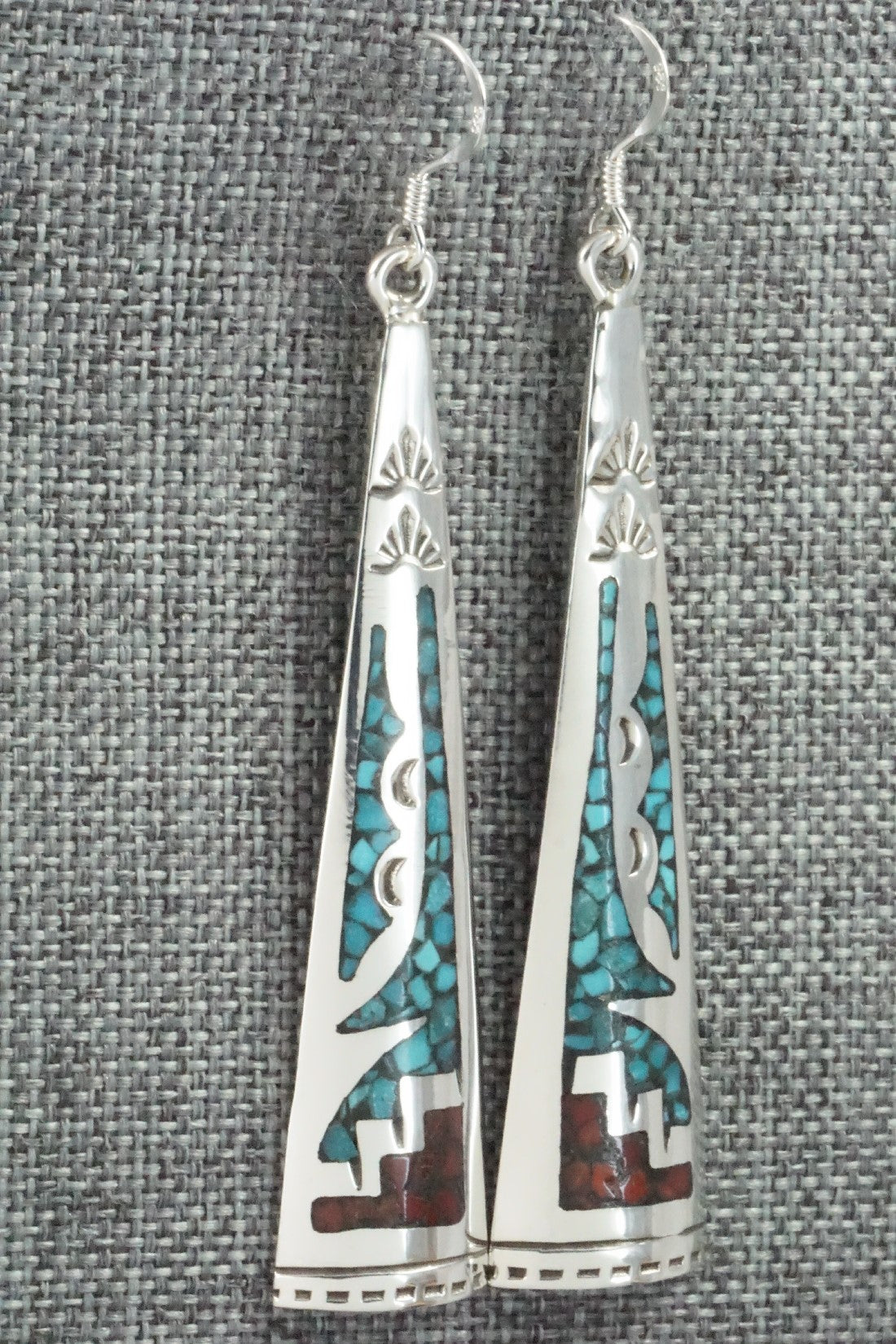 Coral, Turquoise Chip Inlay & Sterling Silver Earrings - Jolene Yazzie