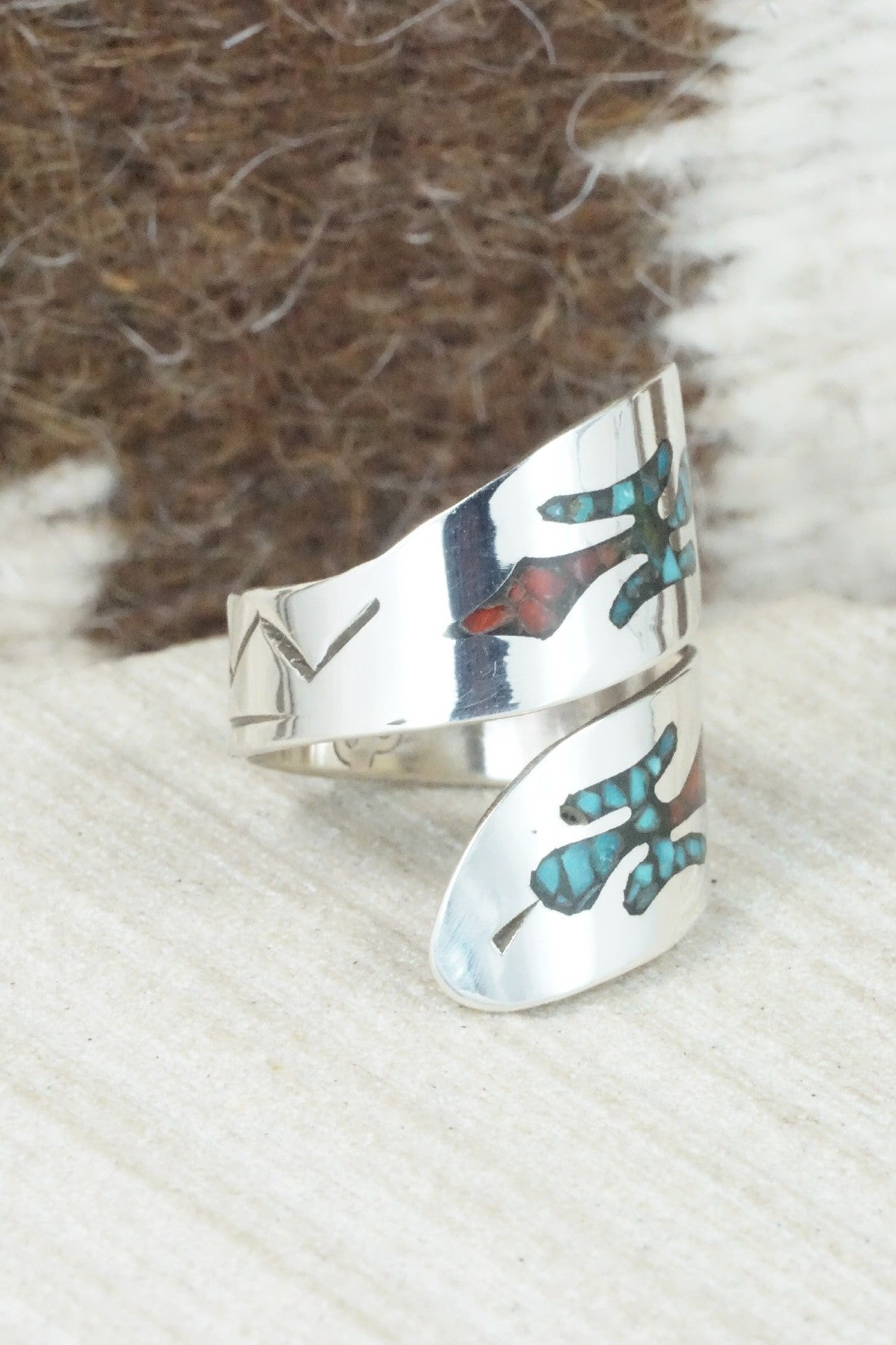 Turquoise, Coral & Sterling Silver Ring - Jolene Jazzie - Size 7