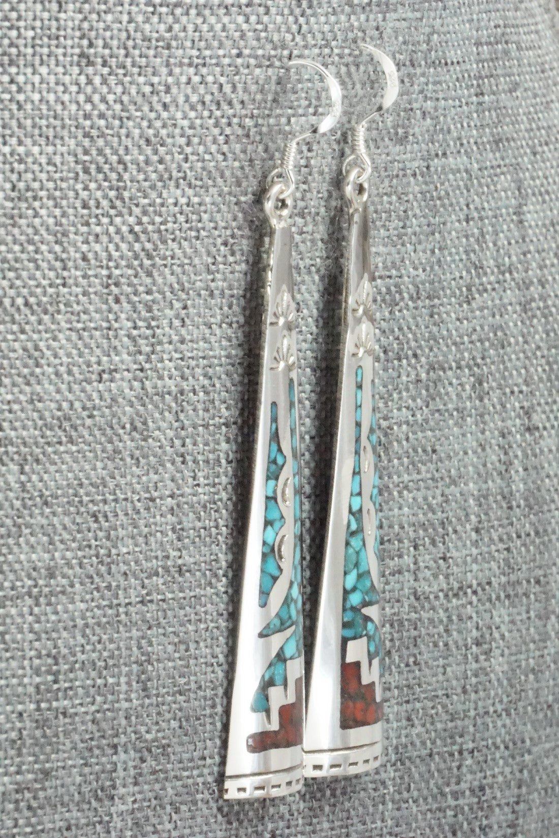 Coral, Turquoise Chip Inlay & Sterling Silver Earrings - Jolene Yazzie