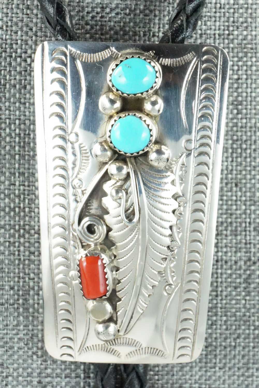 Turquoise, Coral & Sterling Silver Bolo Tie - Wilbur Myers