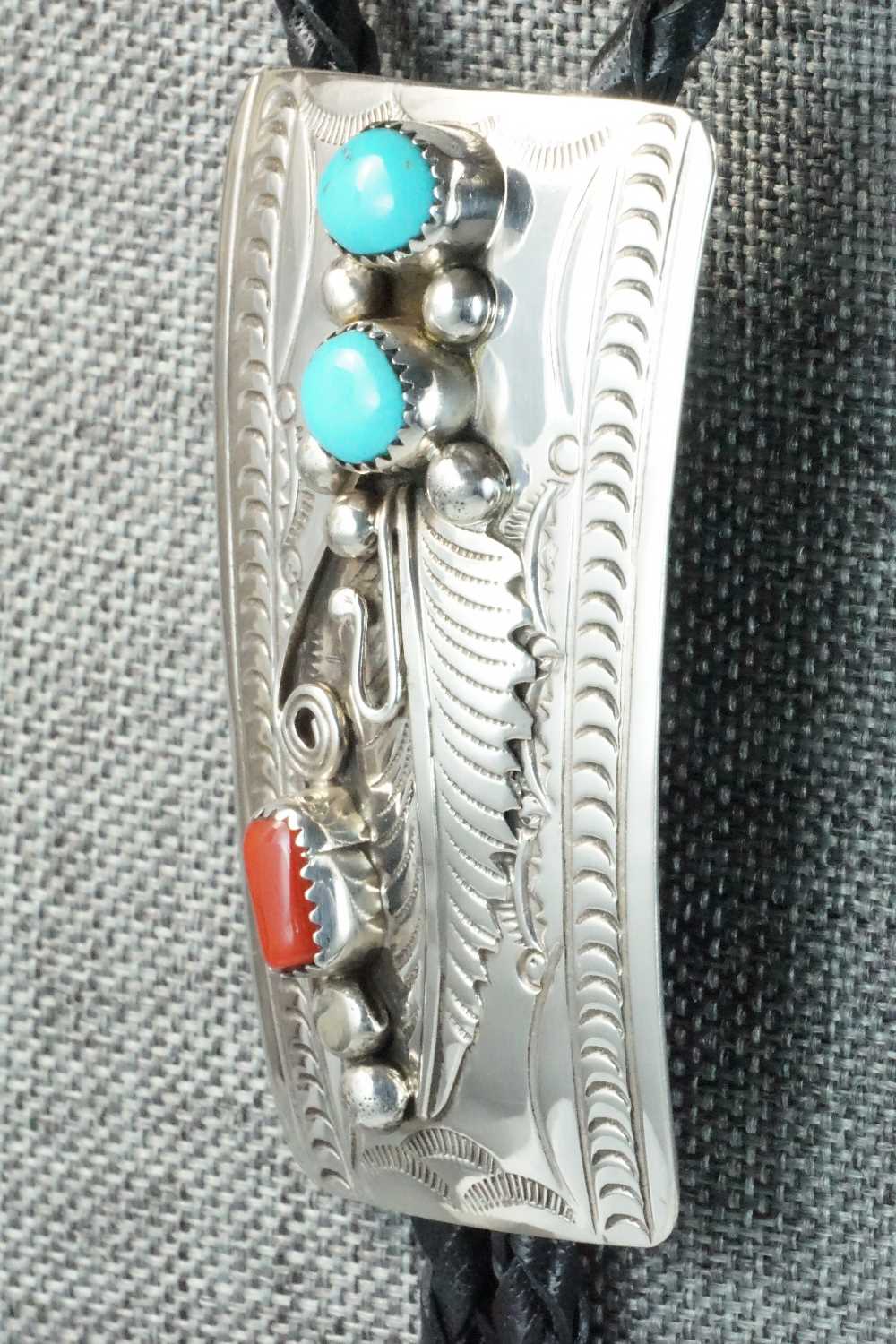 Turquoise, Coral & Sterling Silver Bolo Tie - Wilbur Myers