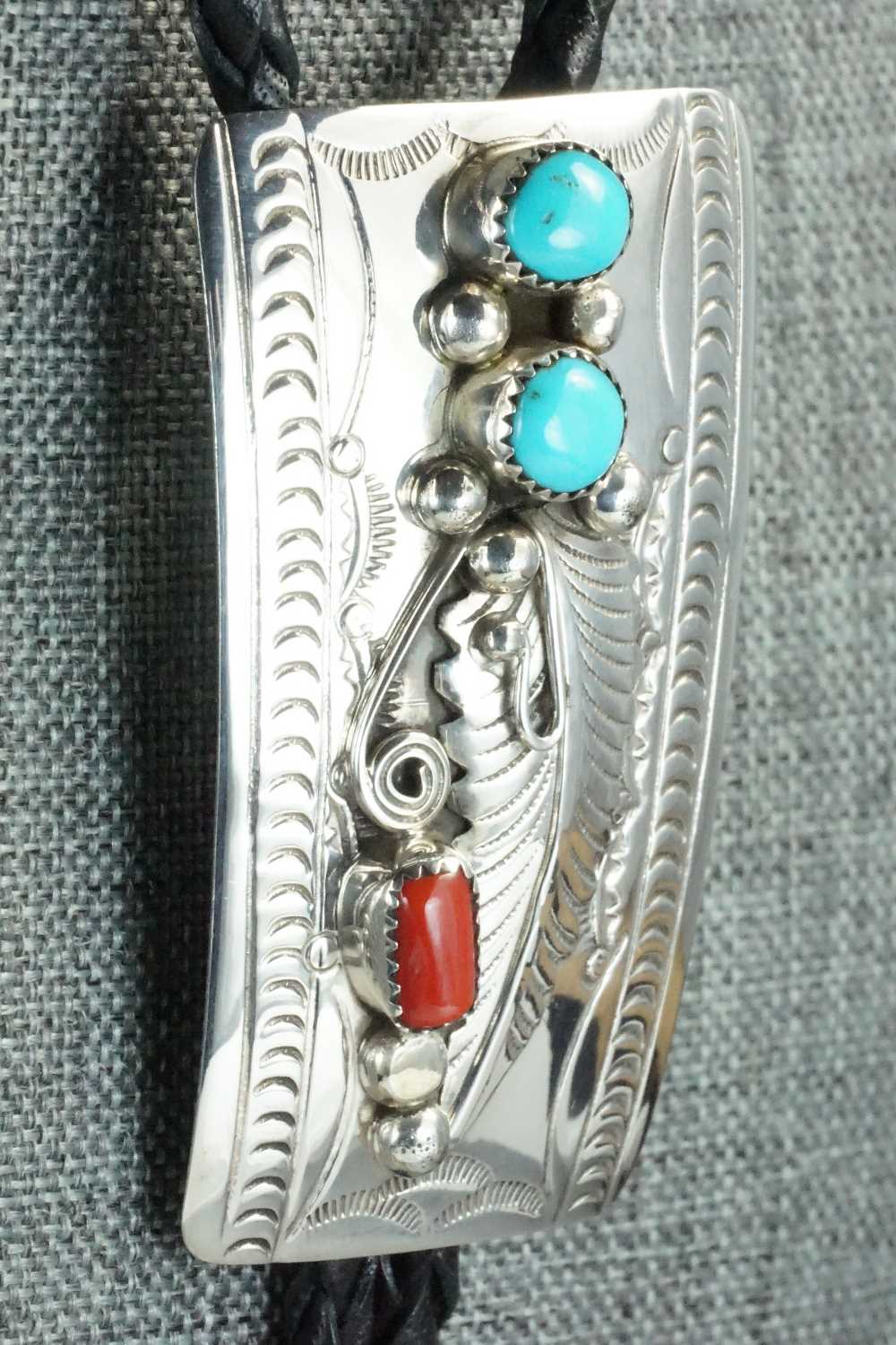 Turquoise, Coral & Sterling Silver Bolo Tie - Wilbur Myers