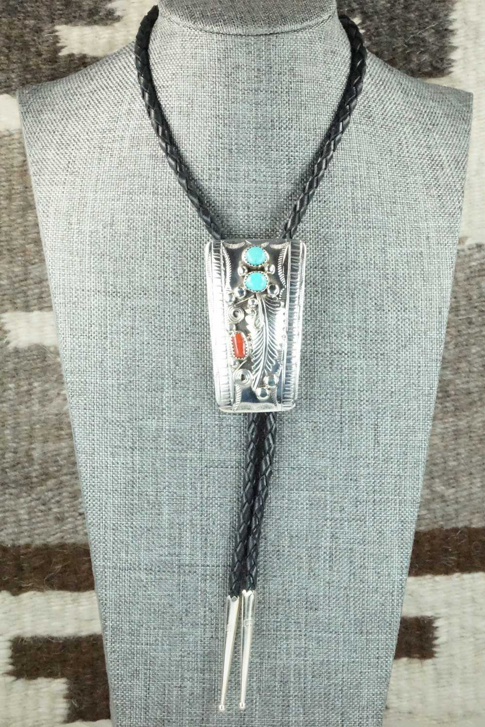 Turquoise, Coral & Sterling Silver Bolo Tie - Wilbur Myers
