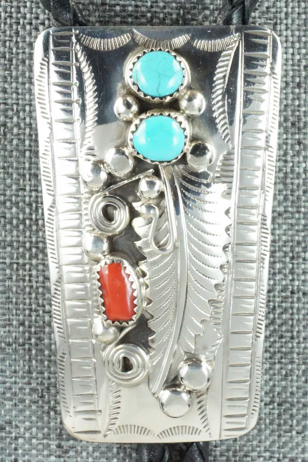 Turquoise, Coral & Sterling Silver Bolo Tie - Wilbur Myers