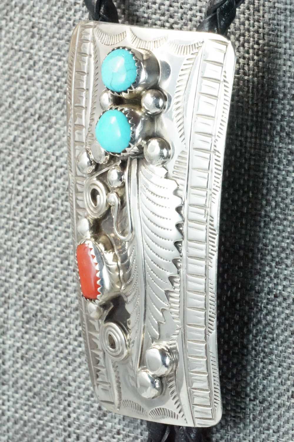 Turquoise, Coral & Sterling Silver Bolo Tie - Wilbur Myers