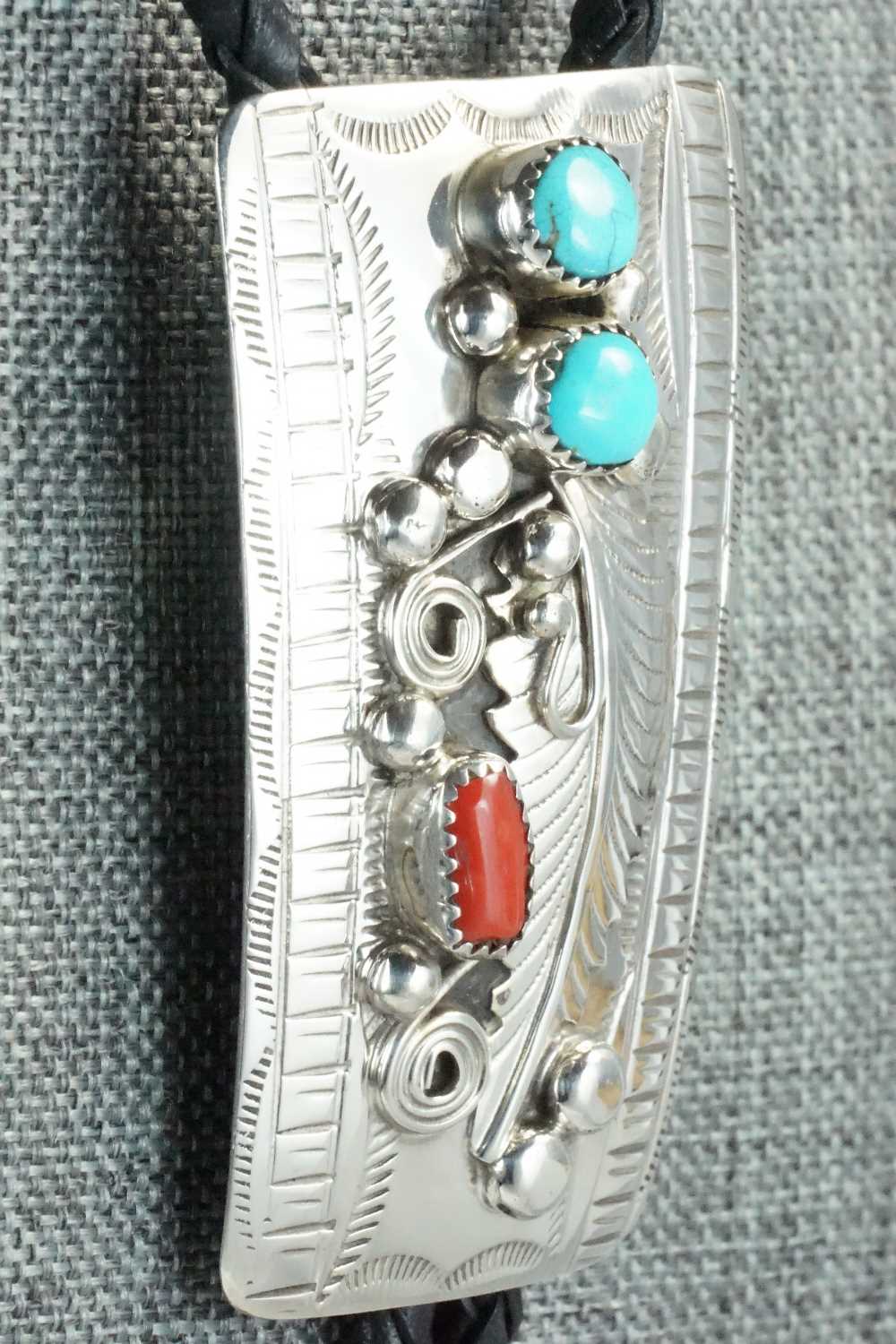 Turquoise, Coral & Sterling Silver Bolo Tie - Wilbur Myers