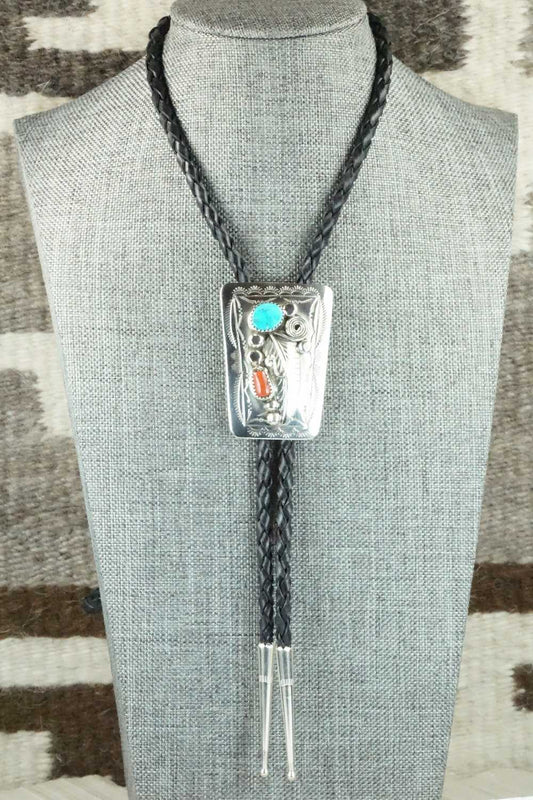 Turquoise, Coral & Sterling Silver Bolo Tie - Wilbur Myers