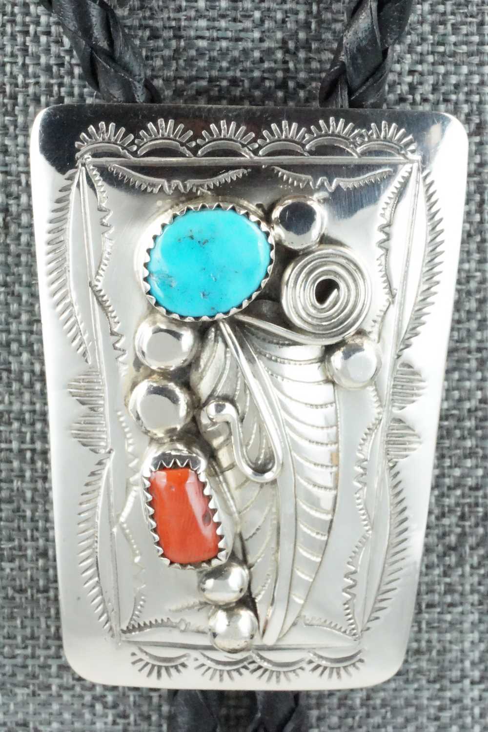 Turquoise, Coral & Sterling Silver Bolo Tie - Wilbur Myers