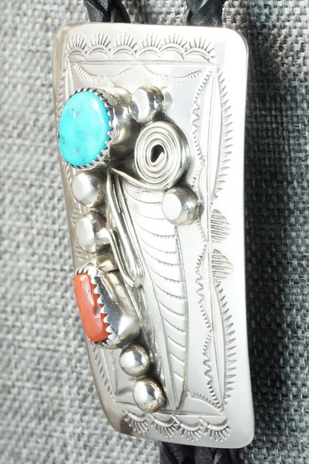 Turquoise, Coral & Sterling Silver Bolo Tie - Wilbur Myers