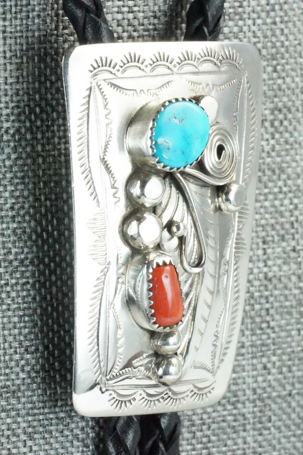 Turquoise, Coral & Sterling Silver Bolo Tie - Wilbur Myers
