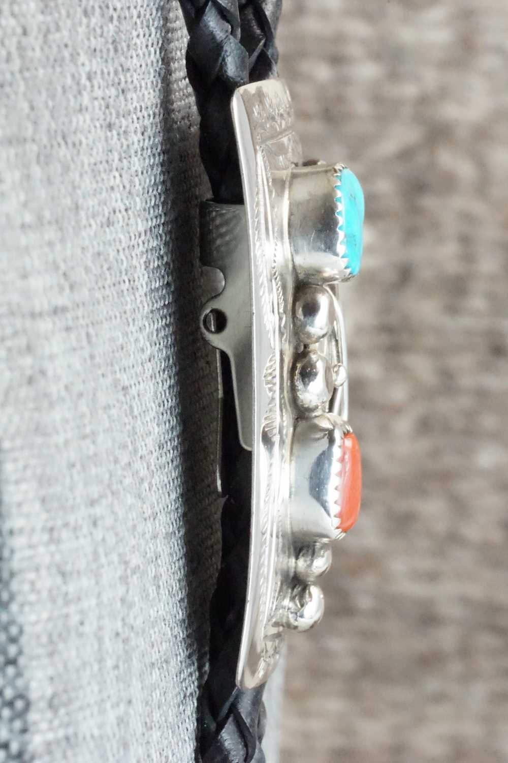 Turquoise, Coral & Sterling Silver Bolo Tie - Wilbur Myers