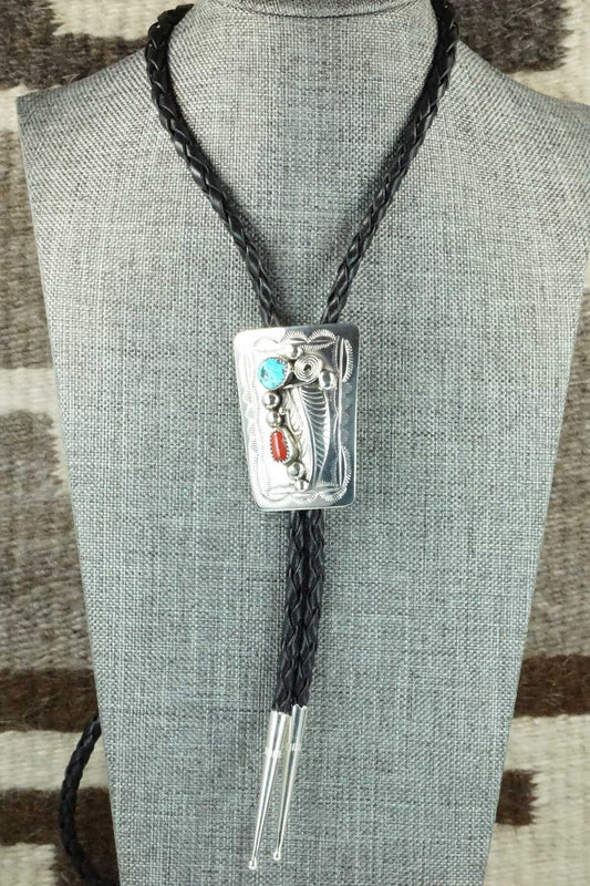 Turquoise, Coral & Sterling Silver Bolo Tie - Wilbur Myers