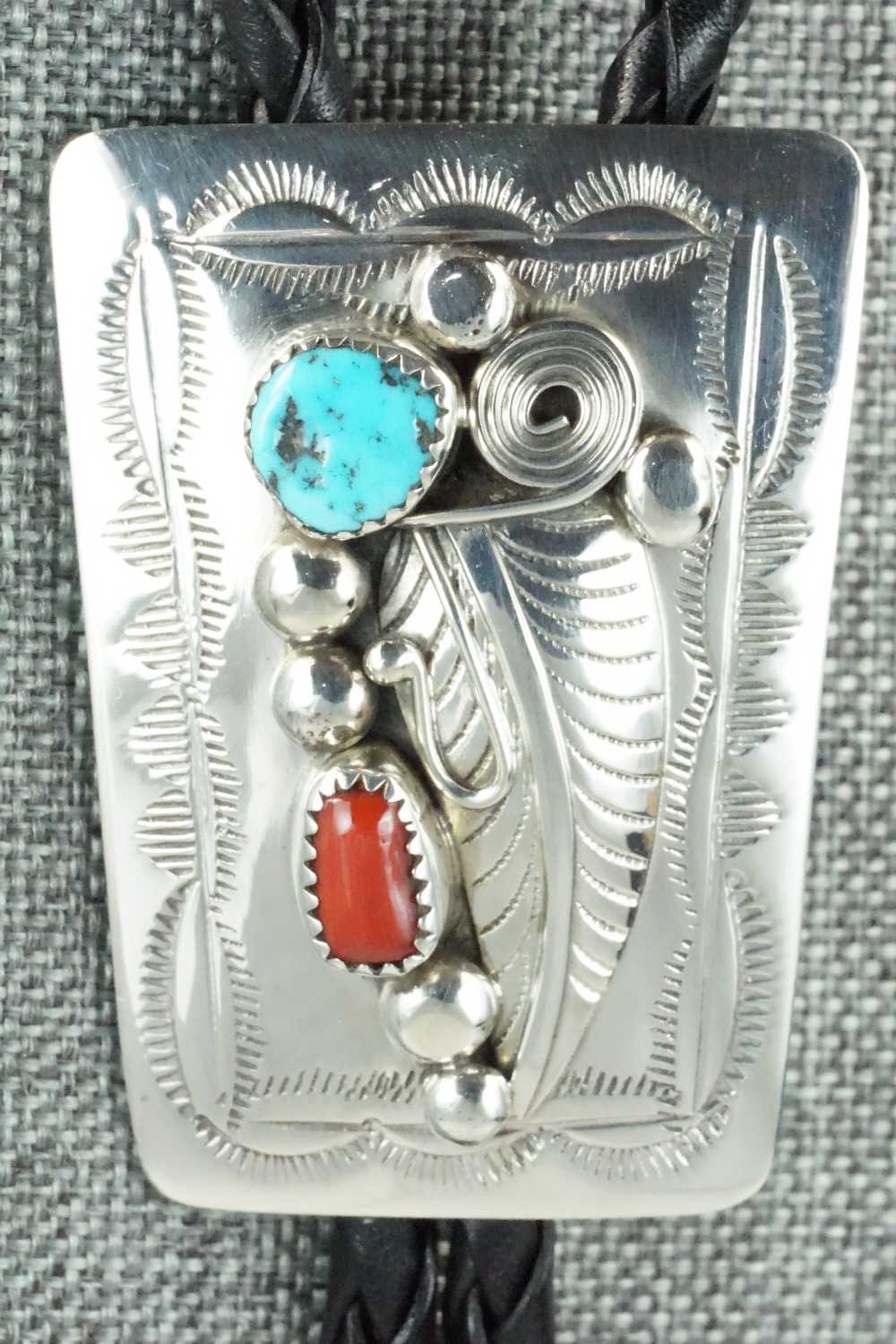 Turquoise, Coral & Sterling Silver Bolo Tie - Wilbur Myers