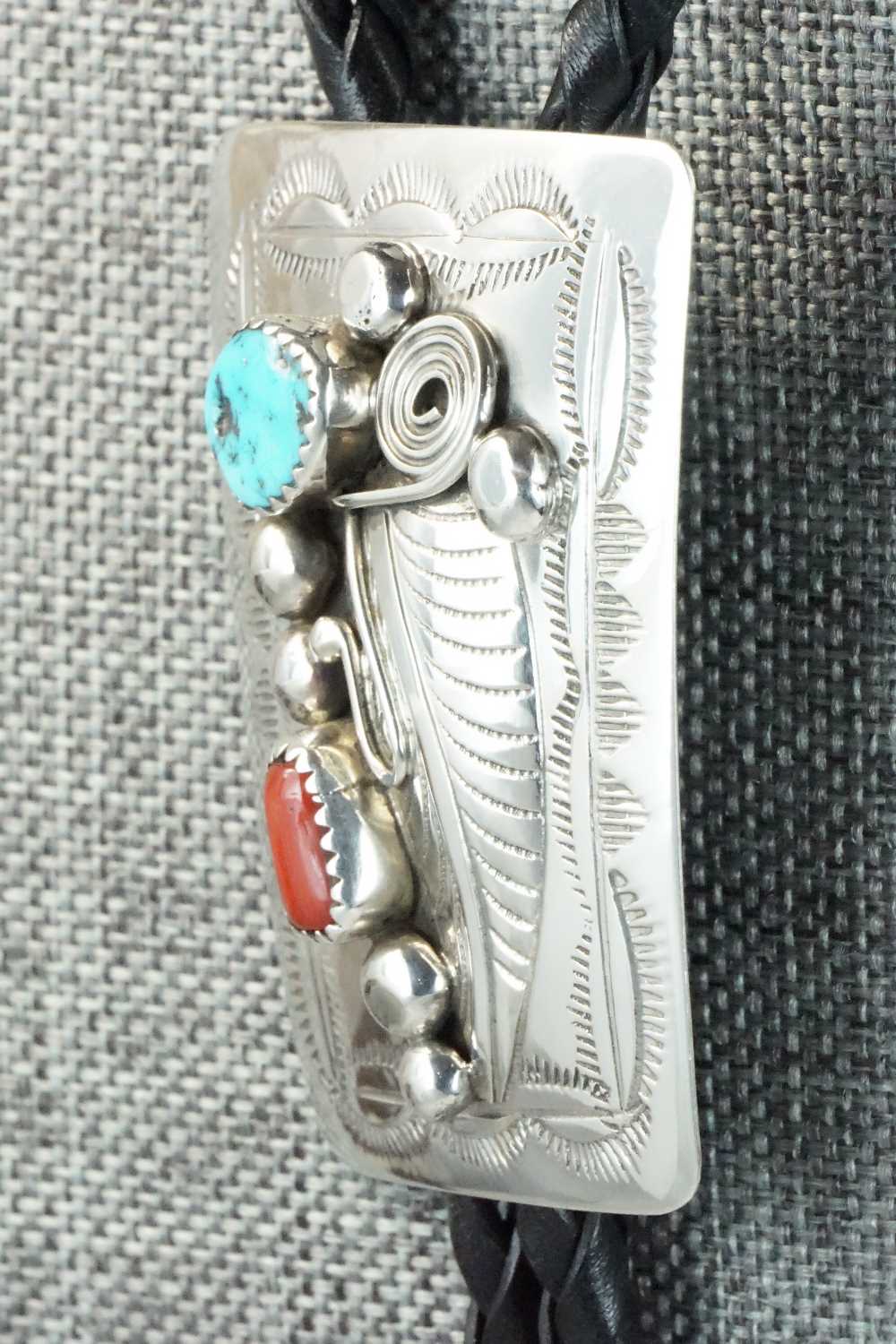 Turquoise, Coral & Sterling Silver Bolo Tie - Wilbur Myers