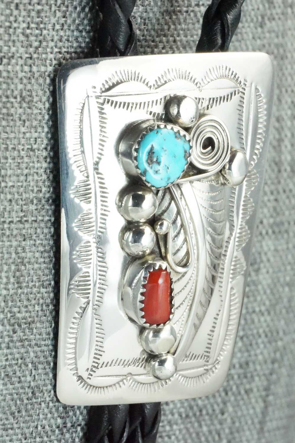 Turquoise, Coral & Sterling Silver Bolo Tie - Wilbur Myers