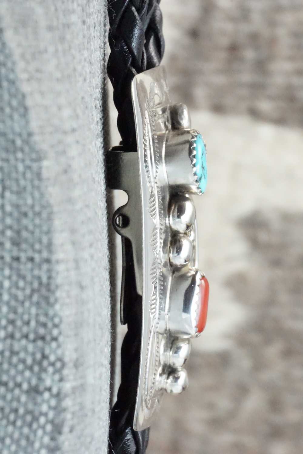 Turquoise, Coral & Sterling Silver Bolo Tie - Wilbur Myers
