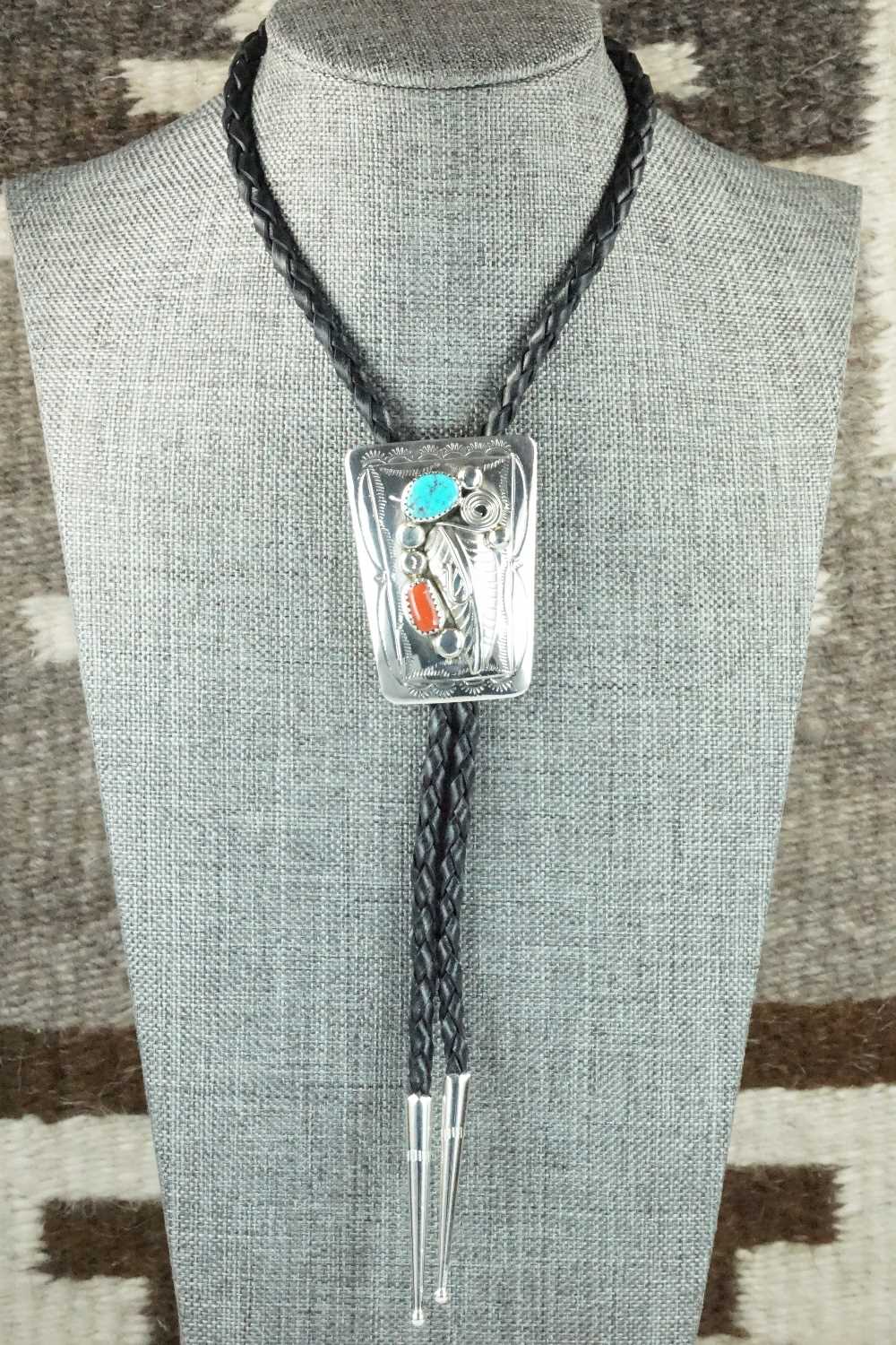 Turquoise, Coral & Sterling Silver Bolo Tie - Wilbur Myers