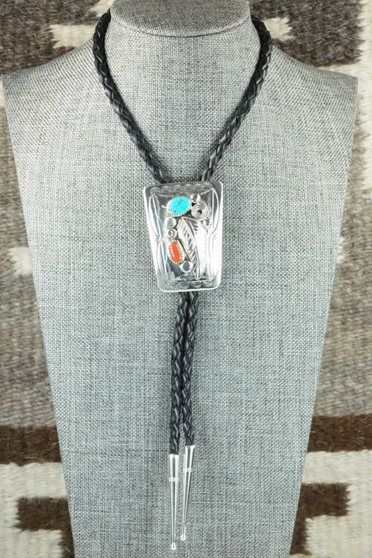 Turquoise, Coral & Sterling Silver Bolo Tie - Wilbur Myers