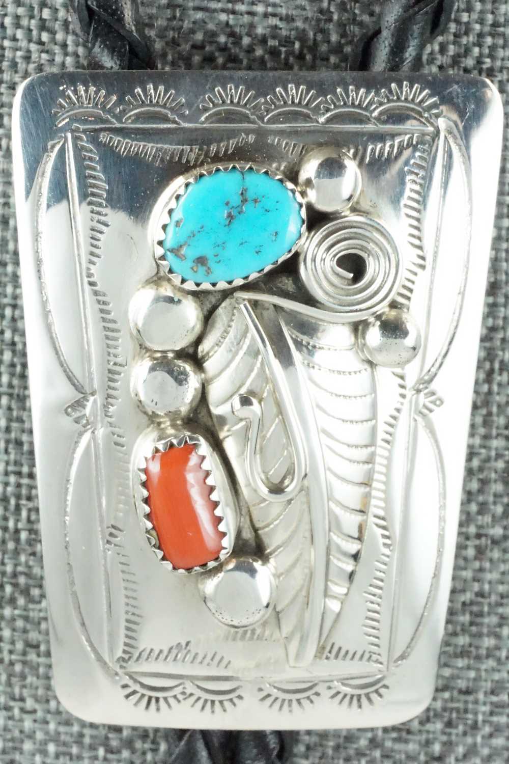 Turquoise, Coral & Sterling Silver Bolo Tie - Wilbur Myers