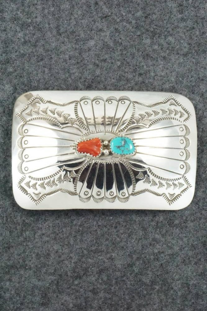 Turquoise, Coral and Sterling Silver Belt Buckle - Joann Silver