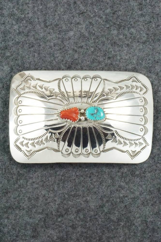 Turquoise, Coral and Sterling Silver Belt Buckle - Joann Silver