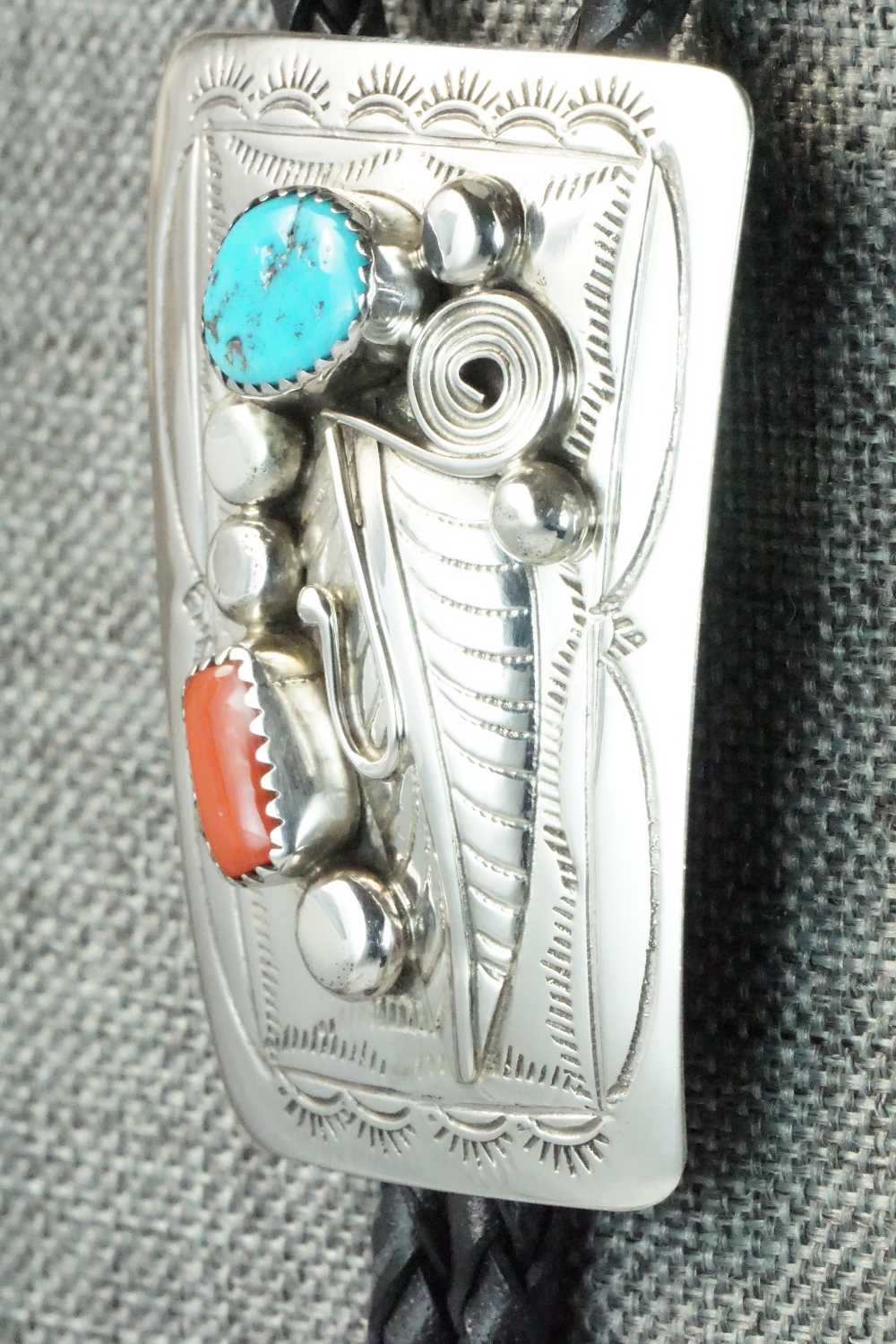Turquoise, Coral & Sterling Silver Bolo Tie - Wilbur Myers