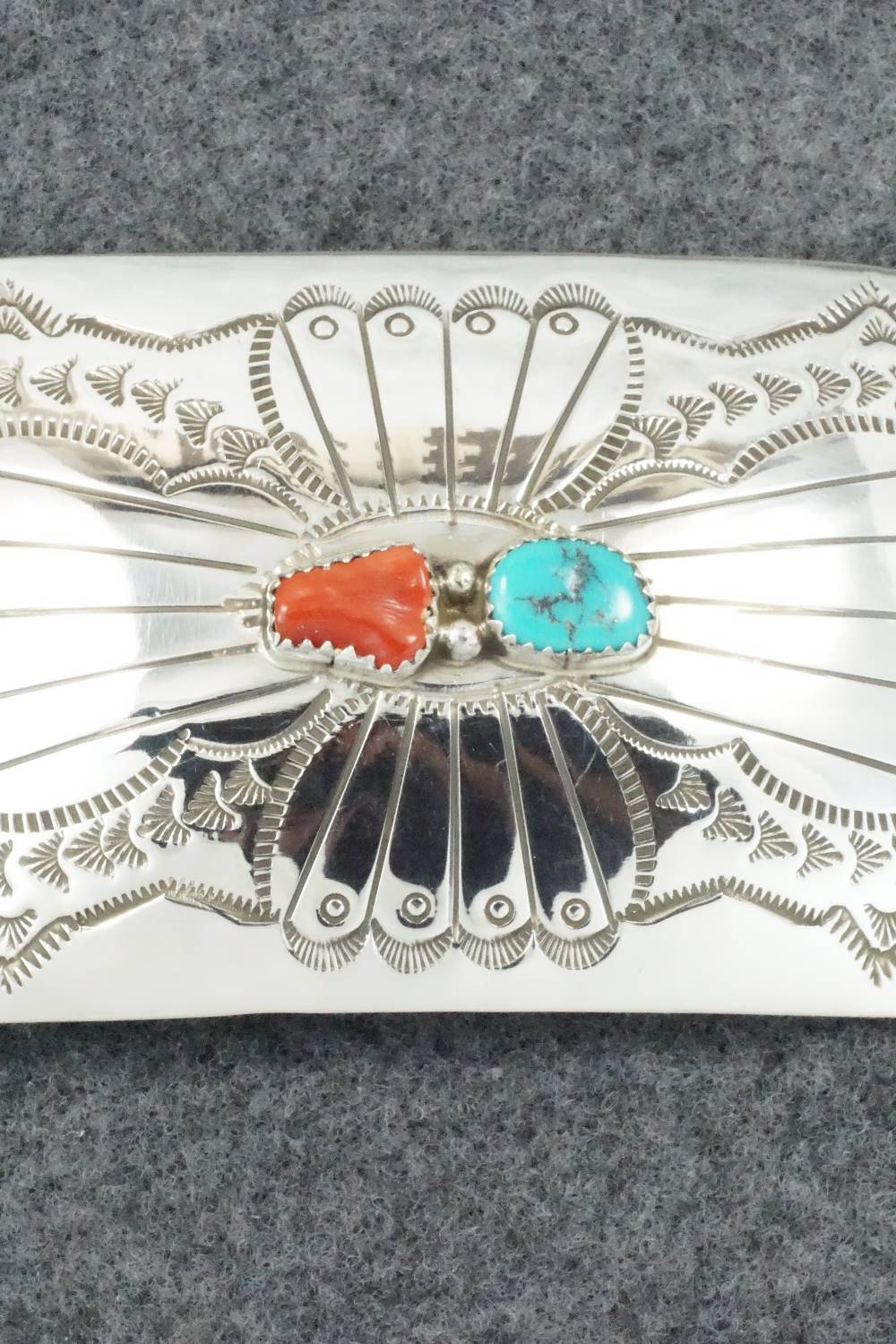 Turquoise, Coral and Sterling Silver Belt Buckle - Joann Silver
