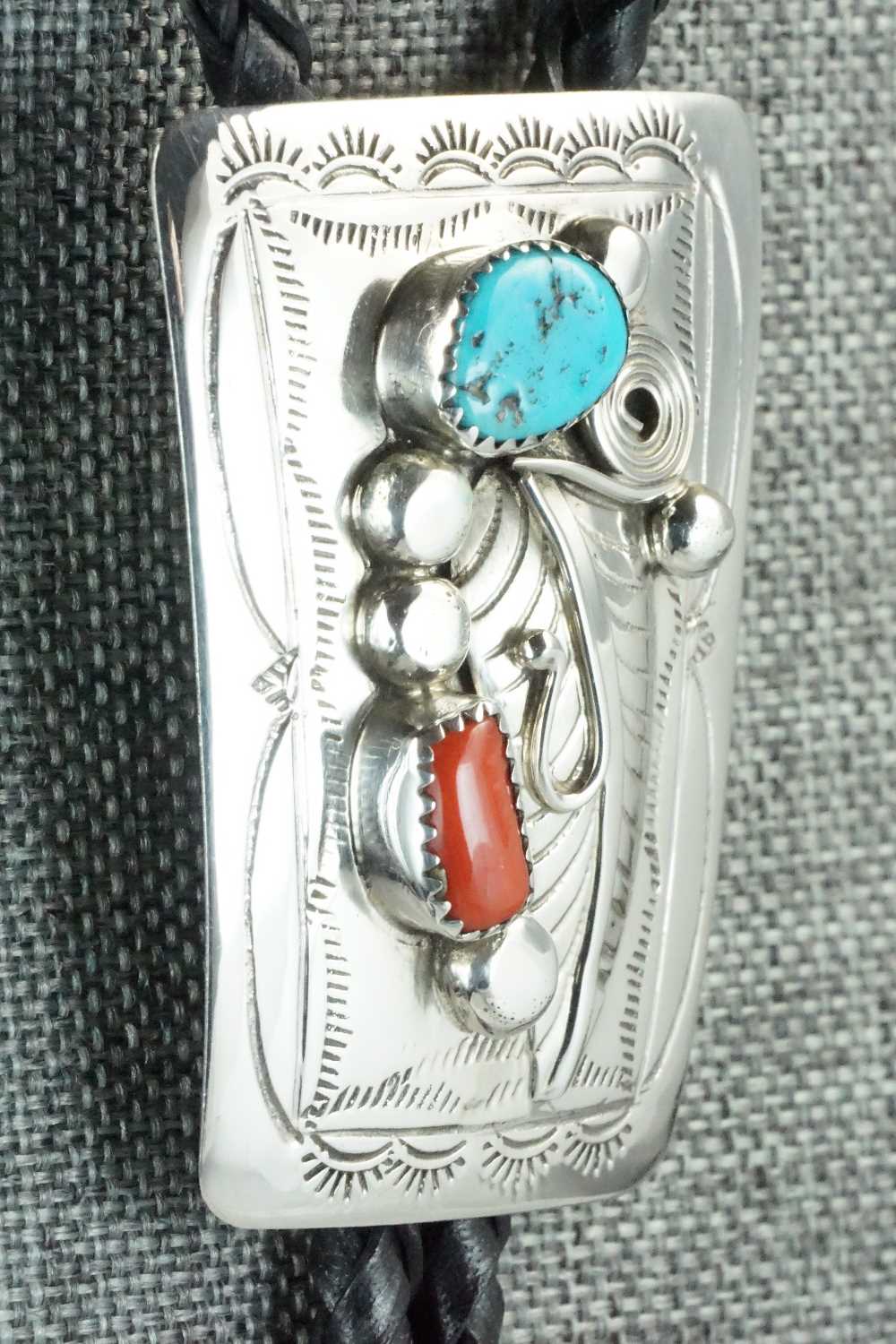 Turquoise, Coral & Sterling Silver Bolo Tie - Wilbur Myers