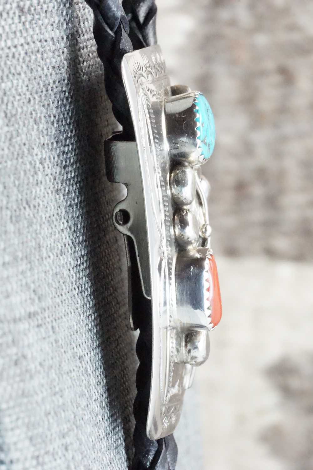Turquoise, Coral & Sterling Silver Bolo Tie - Wilbur Myers