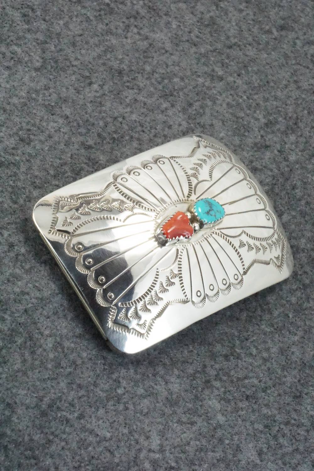 Turquoise, Coral and Sterling Silver Belt Buckle - Joann Silver