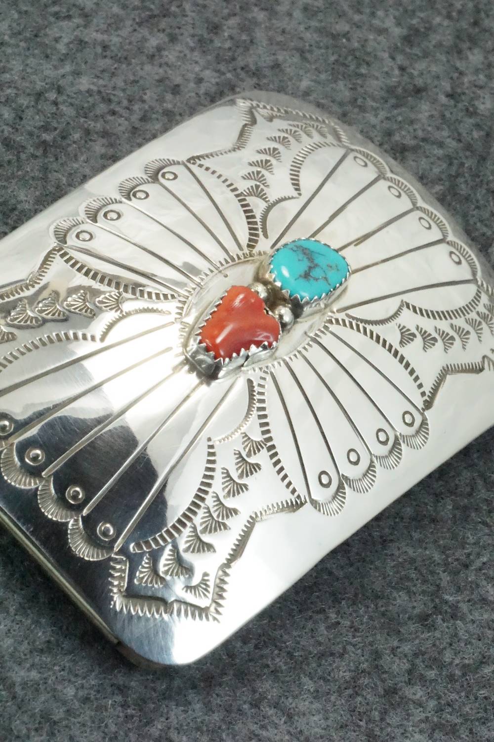 Turquoise, Coral and Sterling Silver Belt Buckle - Joann Silver