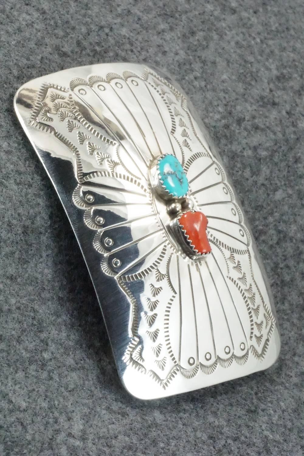 Turquoise, Coral and Sterling Silver Belt Buckle - Joann Silver