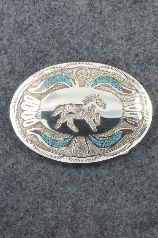 Turquoise, Coral and Sterling Silver Belt Buckle - Raymond Begay