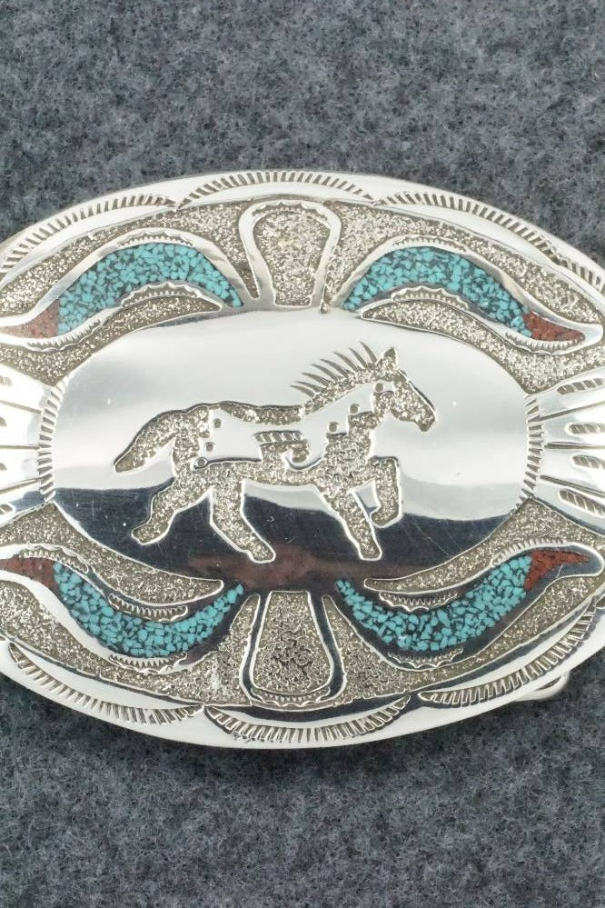 Turquoise, Coral and Sterling Silver Belt Buckle - Raymond Begay