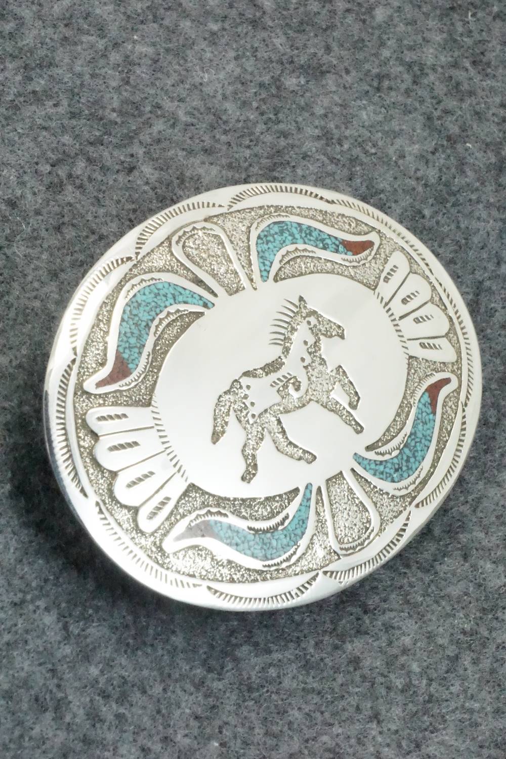 Turquoise, Coral and Sterling Silver Belt Buckle - Raymond Begay