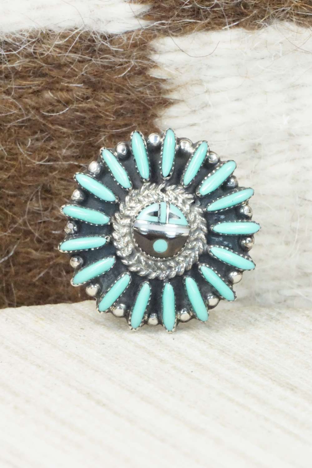 Turquoise & Sterling Silver Inlay Ring - Evelyn Mahkee - Size 7