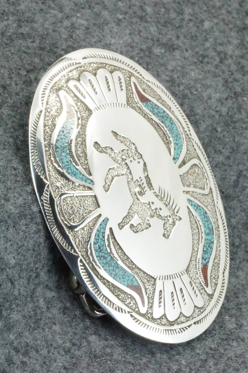 Turquoise, Coral and Sterling Silver Belt Buckle - Raymond Begay