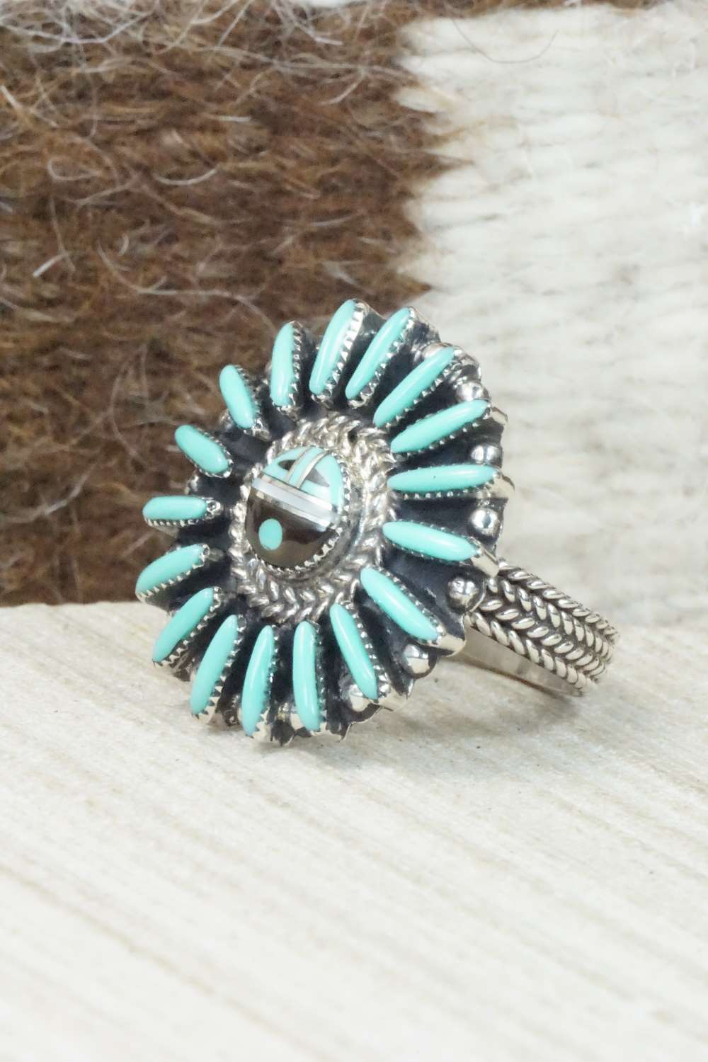 Turquoise & Sterling Silver Inlay Ring - Evelyn Mahkee - Size 7