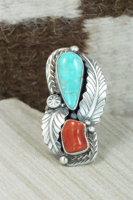 Turquoise, Coral and Sterling Silver Ring - Betta Lee - Size 8.25