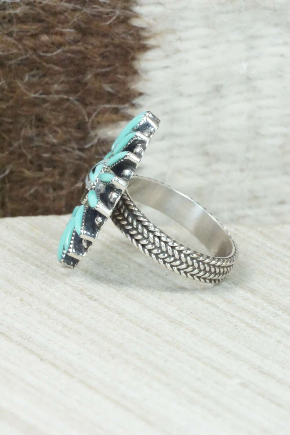 Turquoise & Sterling Silver Inlay Ring - Evelyn Mahkee - Size 7