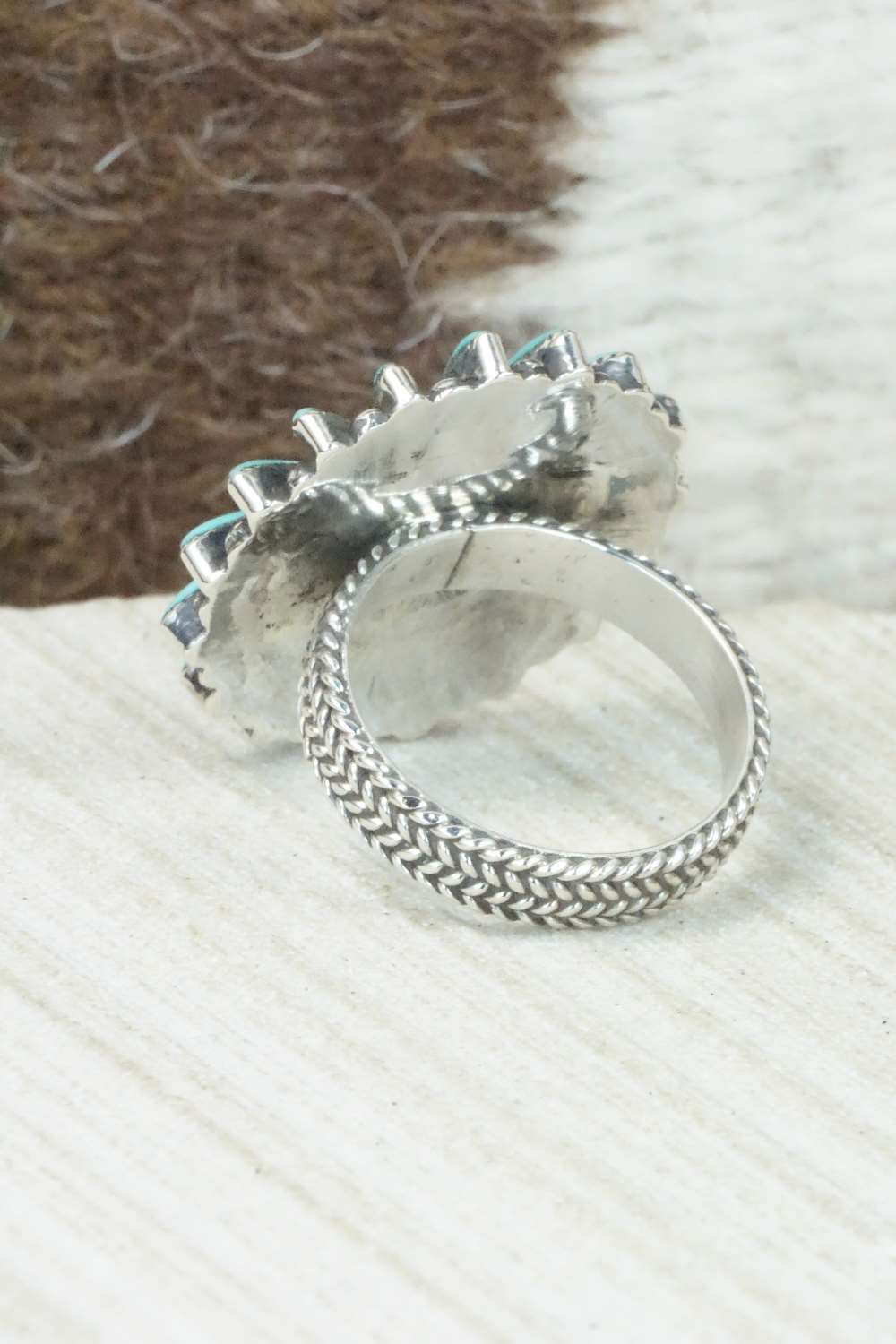 Turquoise & Sterling Silver Inlay Ring - Evelyn Mahkee - Size 7