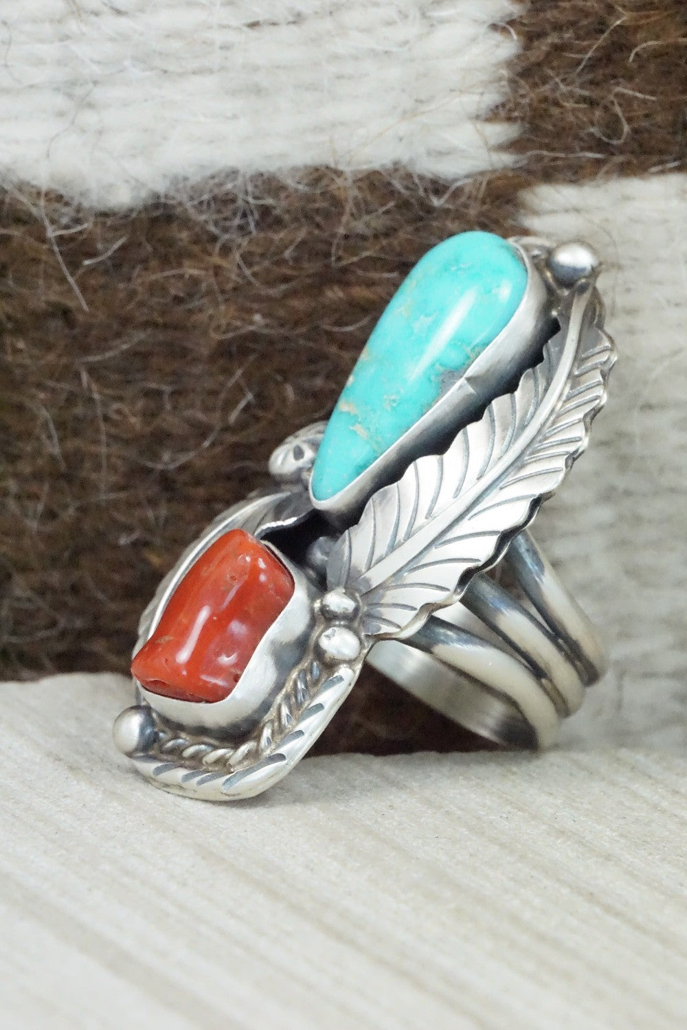 Turquoise, Coral and Sterling Silver Ring - Betta Lee - Size 8.25