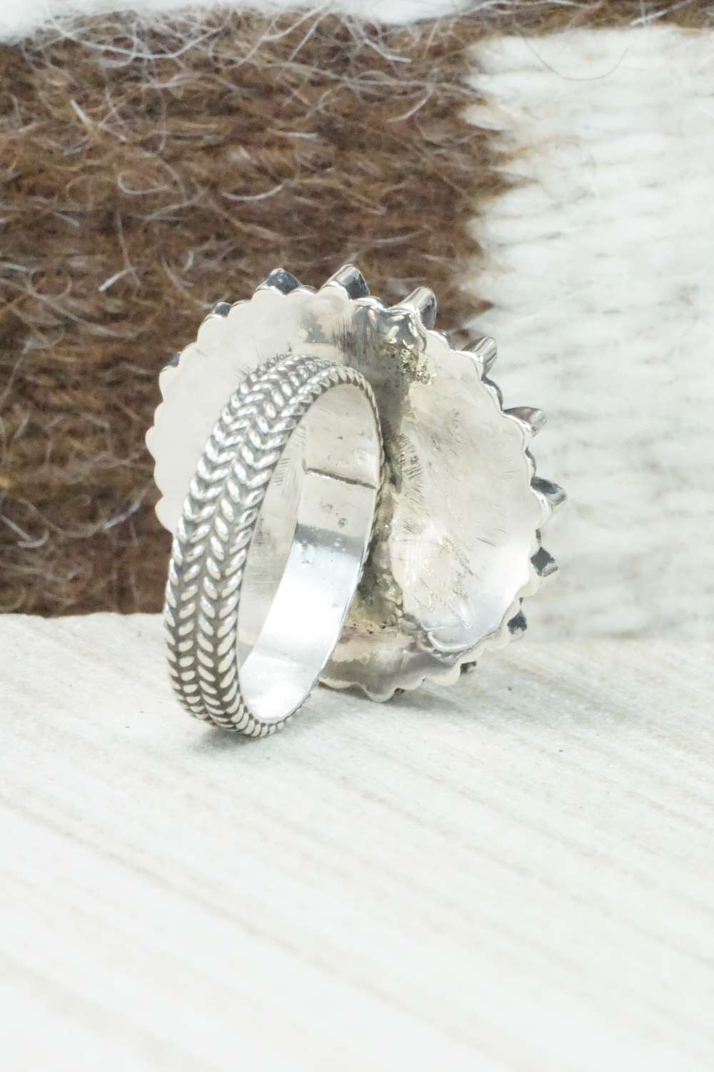 Turquoise & Sterling Silver Inlay Ring - Evelyn Mahkee - Size 7