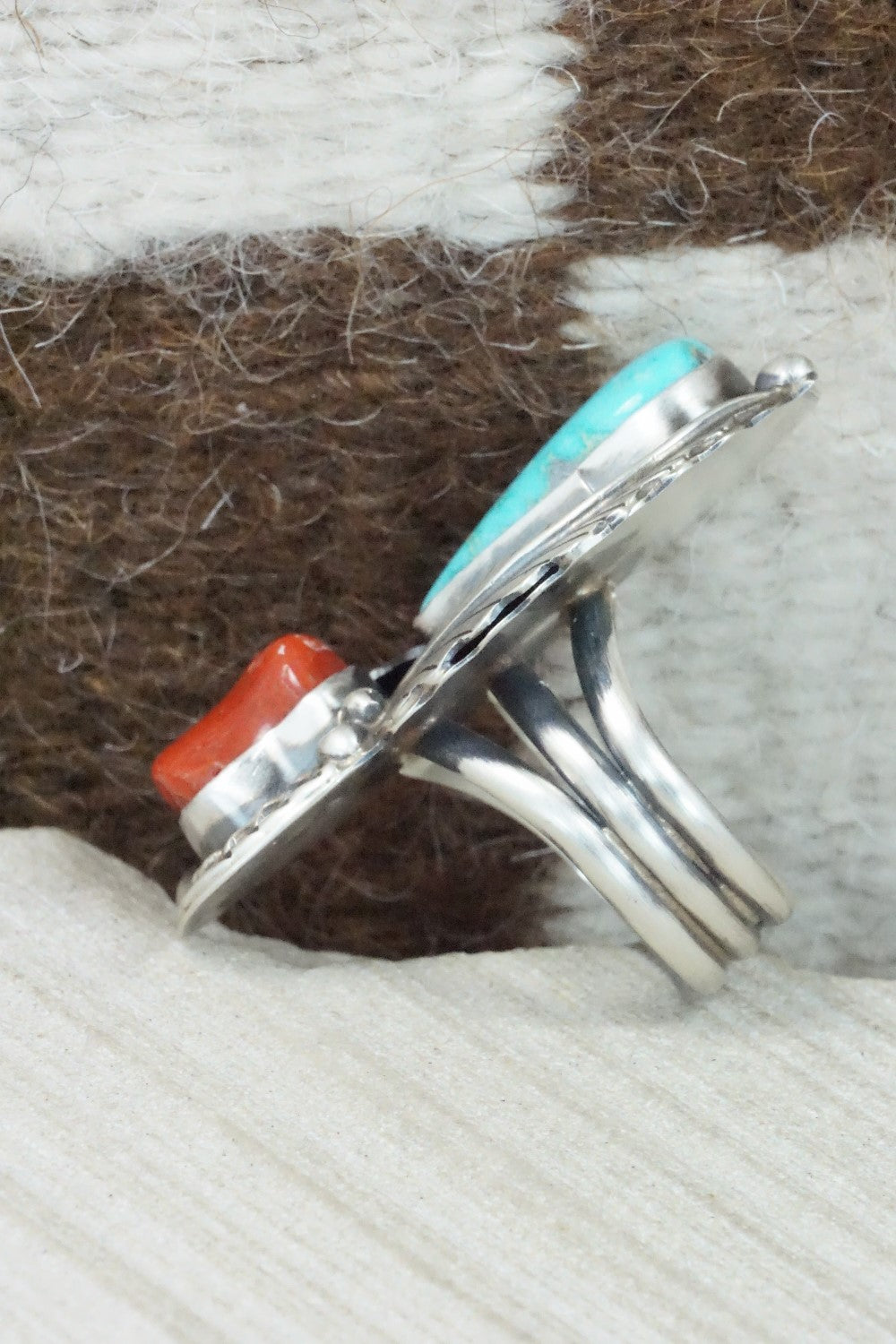 Turquoise, Coral and Sterling Silver Ring - Betta Lee - Size 8.25